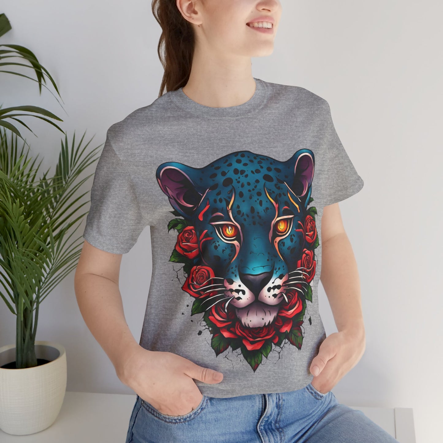 T-shirt graphique unisexe Jaguar Flames and Roses Flashlander