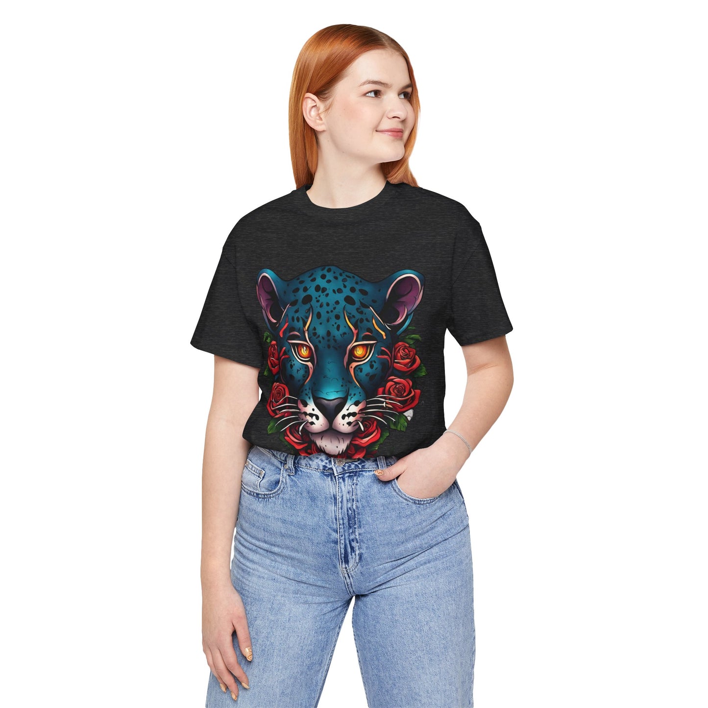 T-shirt graphique unisexe Jaguar Flames and Roses Flashlander