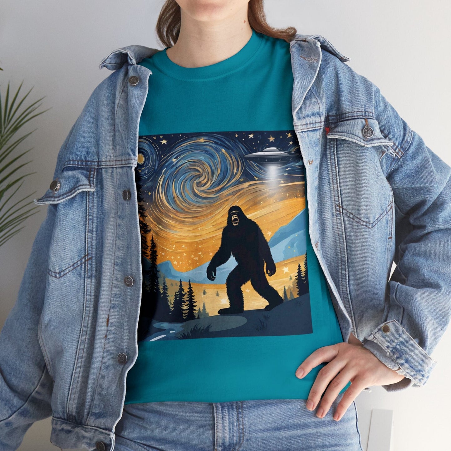 Funny Starry Night Stroll Bigfoot Encounters UFO Abduction, Starry Night Vintage T-Shirt, Funny Bigfoot T-Shirt, Big foot Alien Tee, Funny Bigfoot Starry Night Shirt, Van Gogh Shirt By Flashlander
