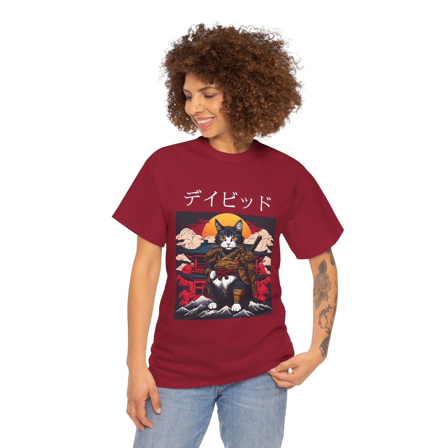 T-shirt japonais personnalisé avec votre nom T-shirt japonais personnalisé T-shirt d'anime de chat samouraï Votre texte Hiragana Katakana Kanji Femmes Hommes T-shirt