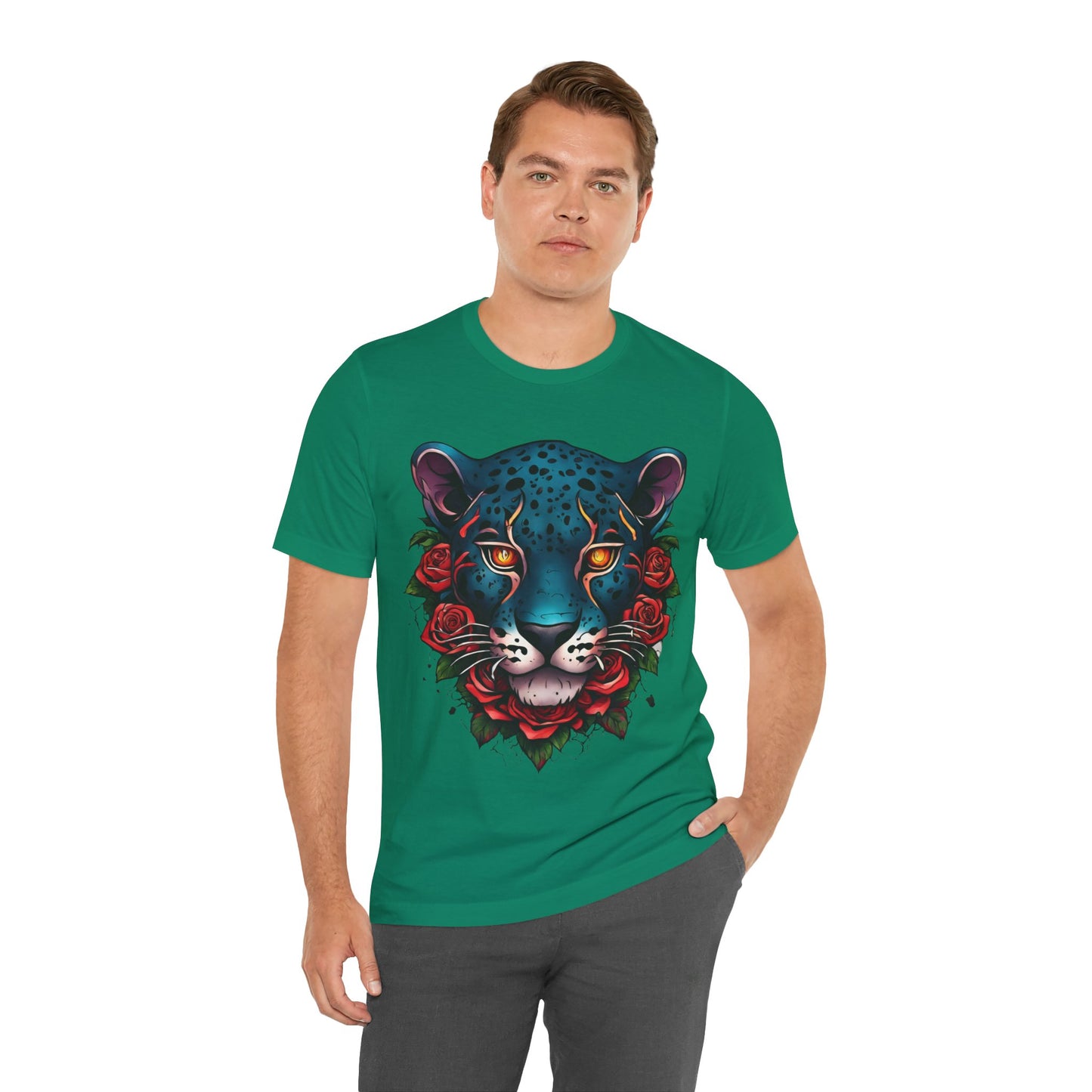 T-shirt graphique unisexe Jaguar Flames and Roses Flashlander