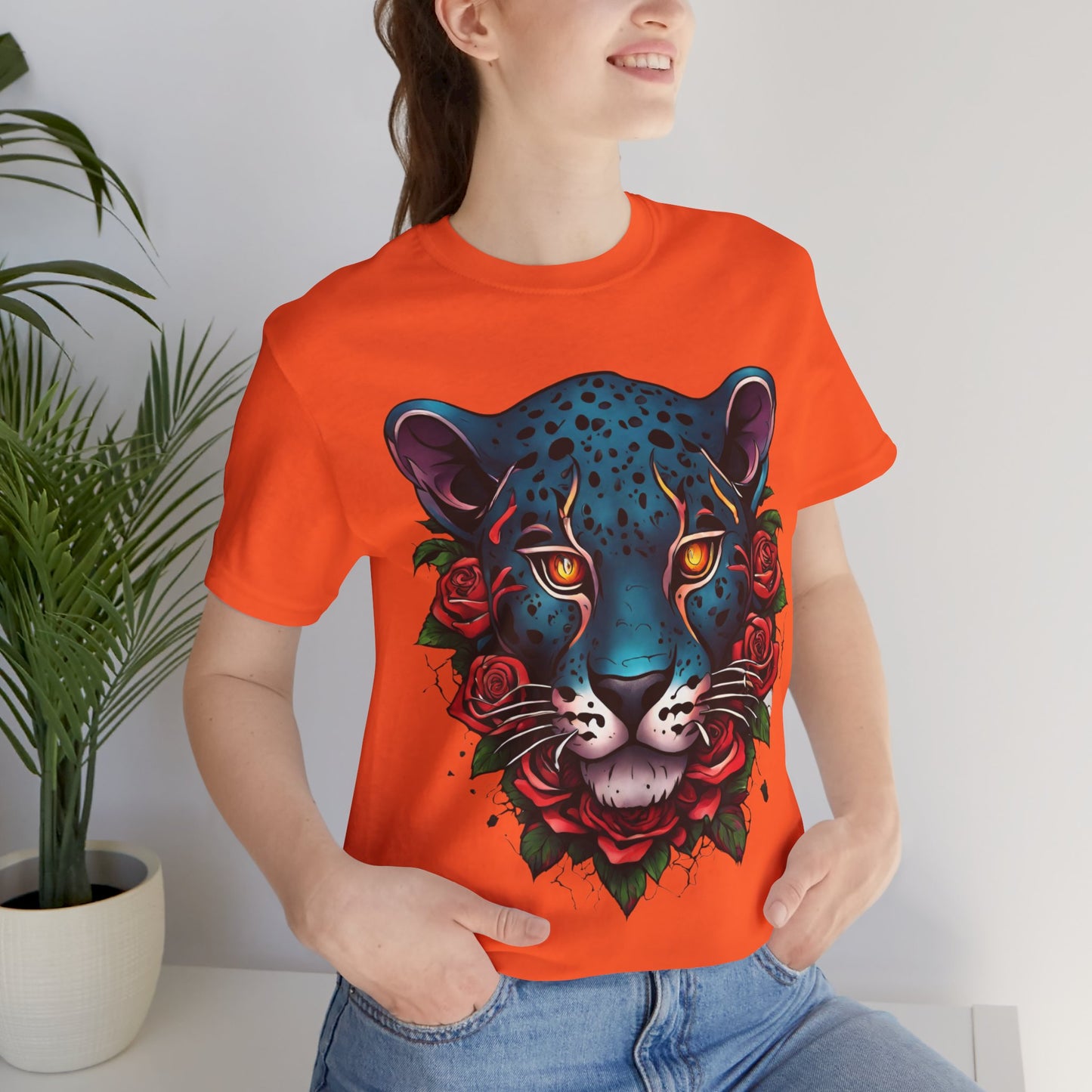 T-shirt graphique unisexe Jaguar Flames and Roses Flashlander