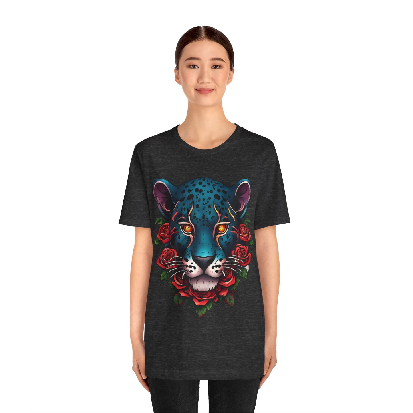 T-shirt graphique unisexe Jaguar Flames and Roses Flashlander