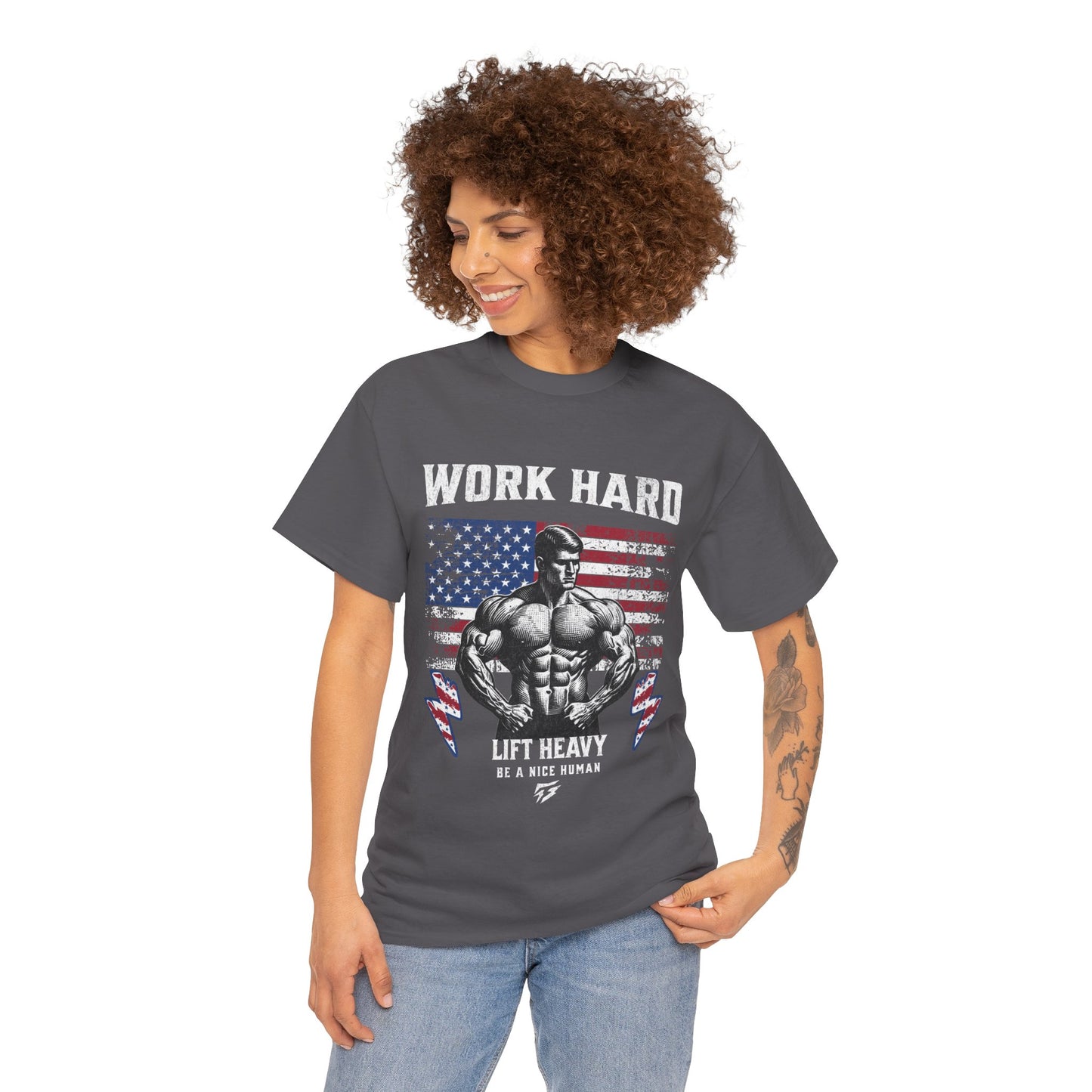 Work Hard Lift Heavy Gym Shirt Flashlander Cotton Unisex Charcoal Black Graphic Tee