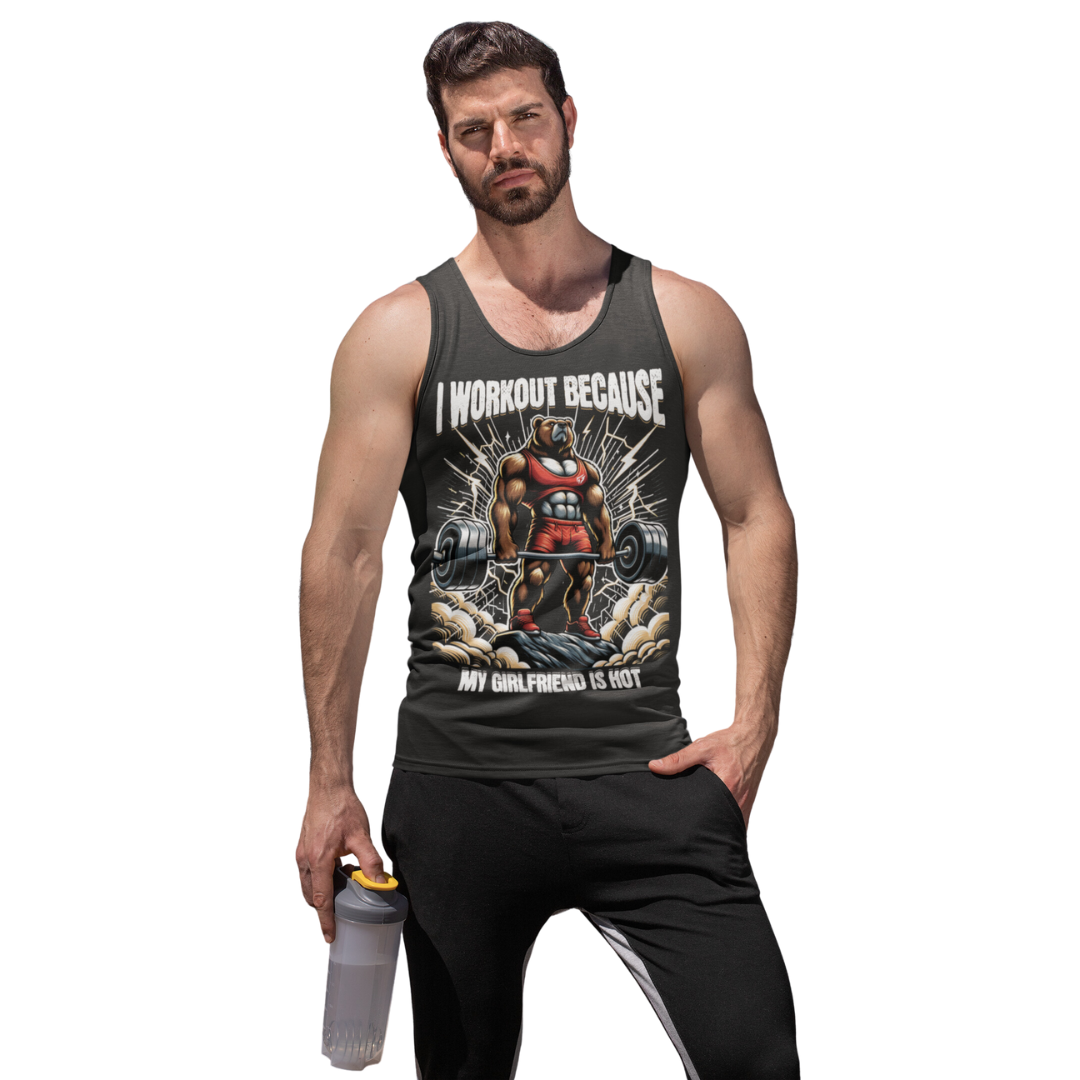 Muscle Bear I Workout Because My Girlfriend is Hot Flashlander Cotton Unisex Jersey Gym Tank Charcoal Black