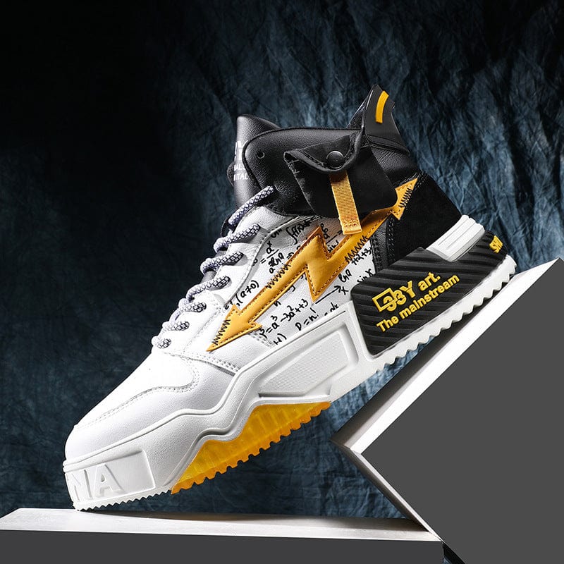 white black gold men's sneakers exodus flashlander left side shoes on stairway