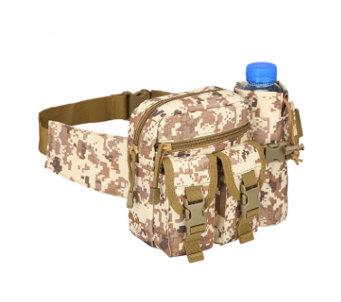 green brown camouflage military waist bag with kettle pockets and water bottle pocket climbing waist bag flashlander left side