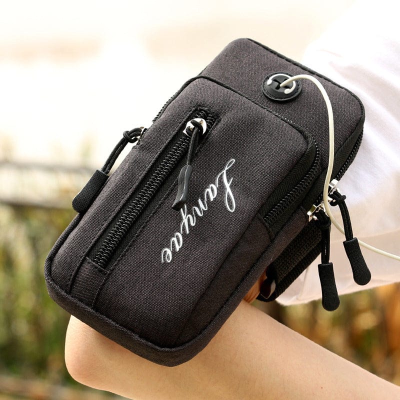 black cool cell phone bag and phone waist bag front side earphone pocket and hole for running and listening hands free