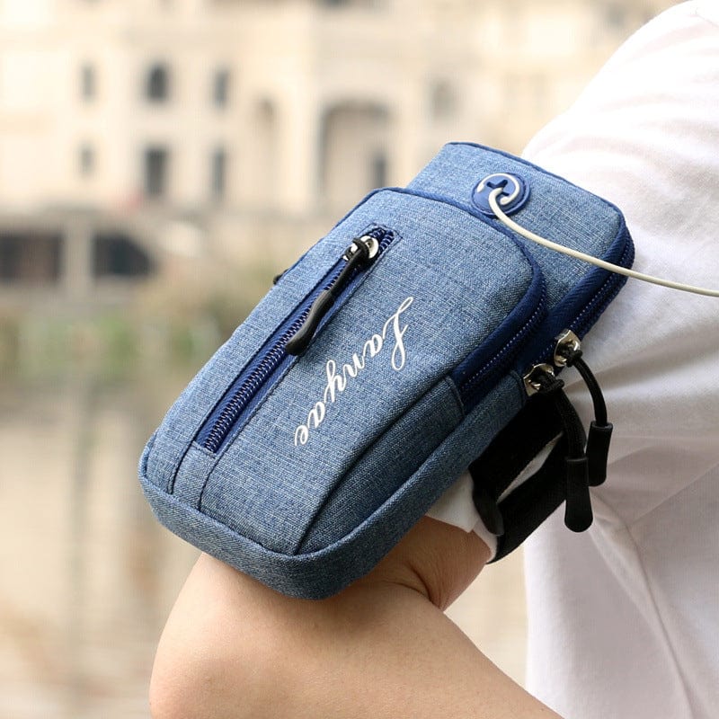 blue cell phone bag and phone waist bag front side earphone pocket and hole for running and listening hands free