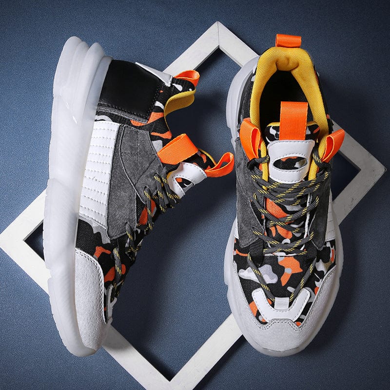 white orange men's sneakers prowl flashlander front side pair and view from above