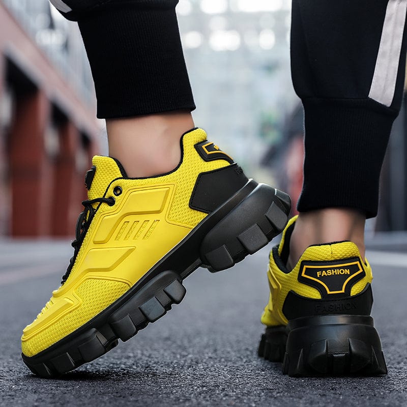 black yellow chunky shoes optimus flashlander back side man walking