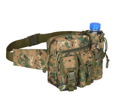 green brown jungle camouflage military waist bag with kettle pockets and water bottle pocket sport waist bag flashlander left side