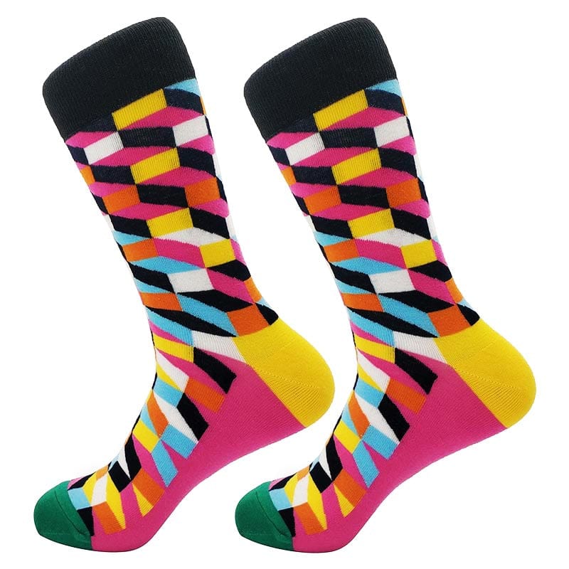 colorful cubes black pink green yellow socks dimenxions flashlander left side pair men's and women's fashion