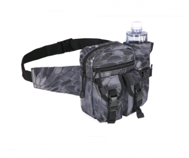 grey camouflage military waist bag with kettle pockets and water bottle pocket sport waist bag flashlander left side