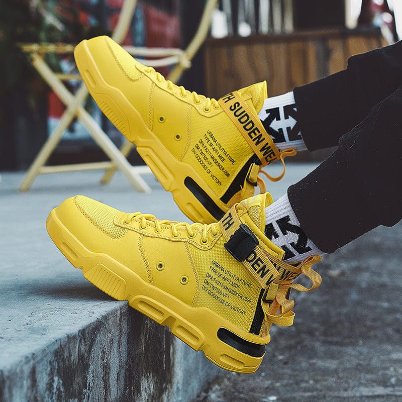 yellow sneakers urbana flashlander left side with men model using shoes