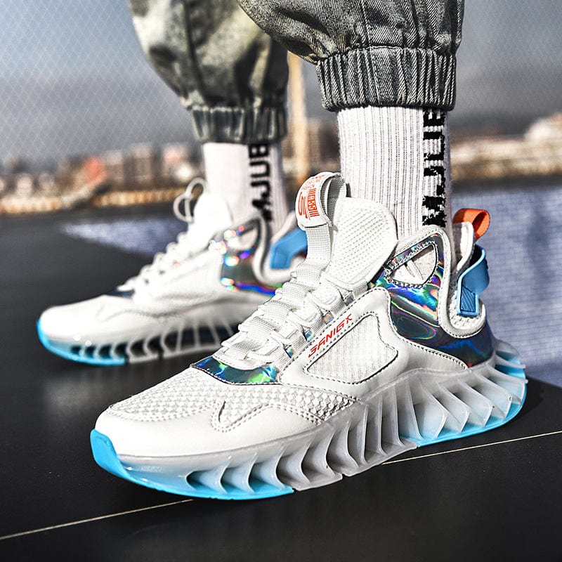 white blue sneakers predatorx fire model using shoes