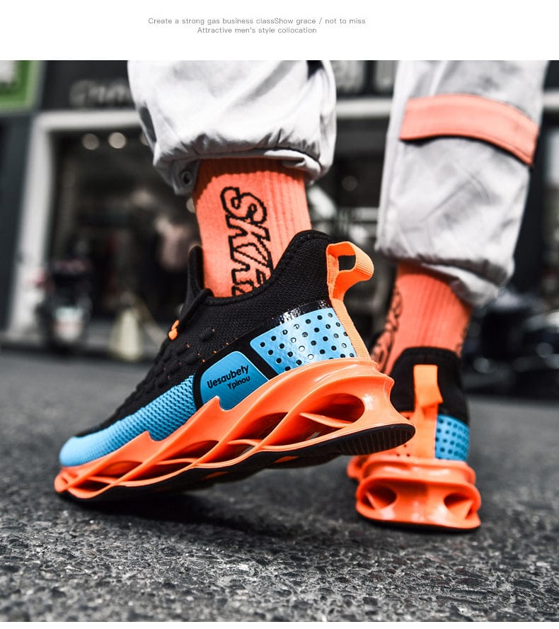 black orange shoes blades gx flashlander left side model walking in street