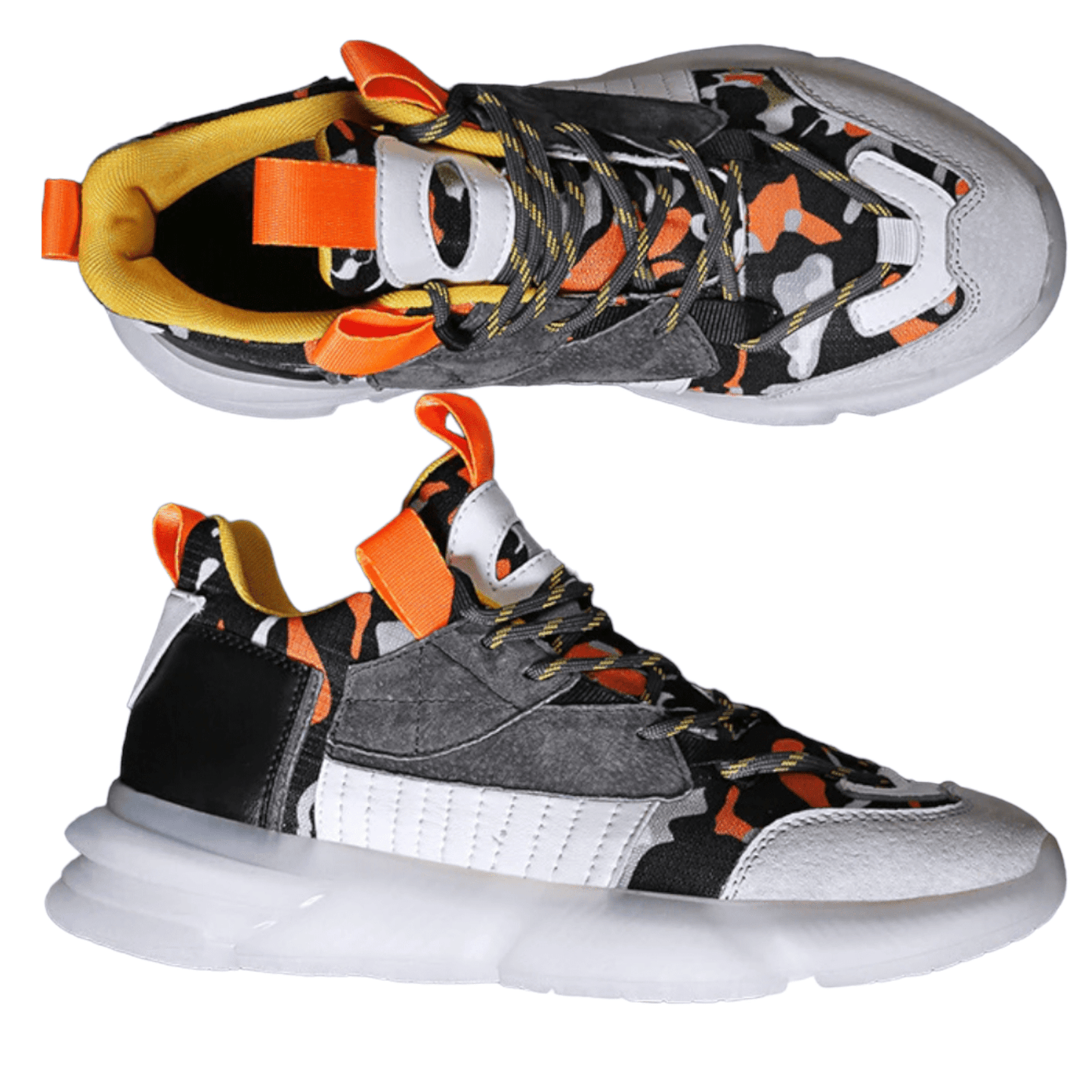 white orange sneakers prowl flashlander right side and view from above men's fashion shoes